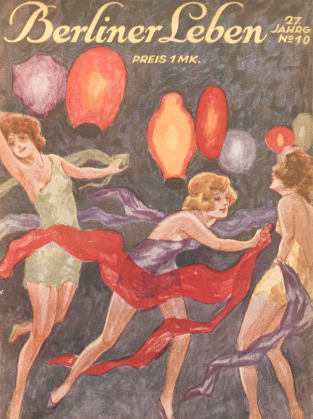 Ein Magazin-Cover mit einem Bild von drei Frauen in bunten Kleidern, die mit ausgestreckten Armen tanzen und von bunten Ballons umgeben sind, mit dem Text 'Berliner Leben' wahrscheinlich der Magazintitel.