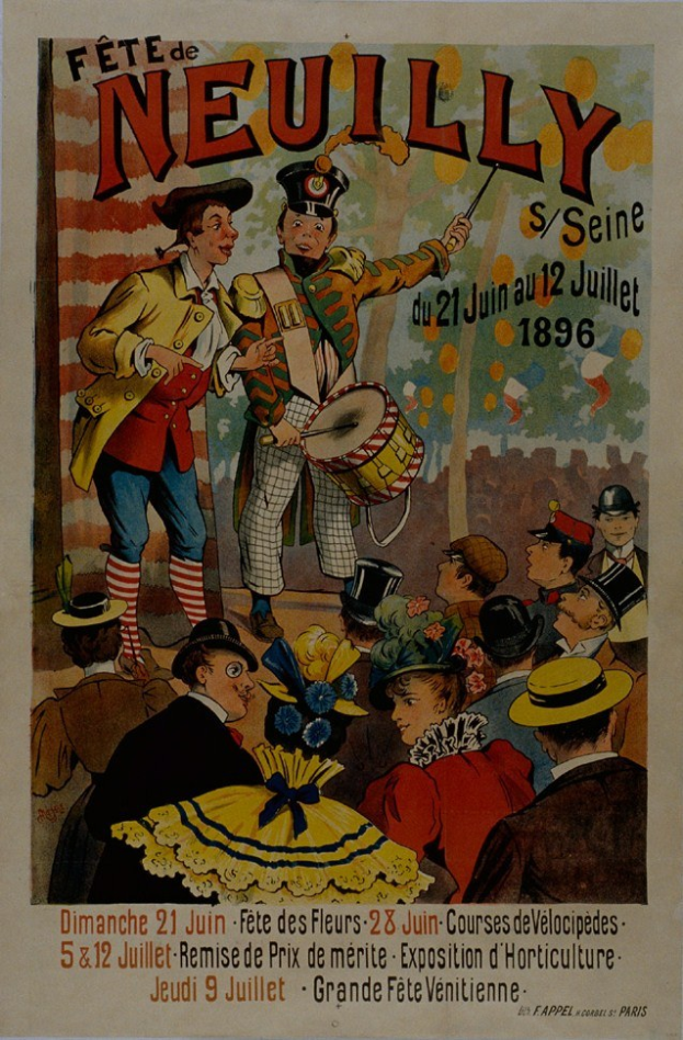 Buntes Plakat wirbt für einen Karneval in Paris, Frankreich, mit Menschen in Kostümen und Hüten, einer Person mit einem Musikinstrument und Text.