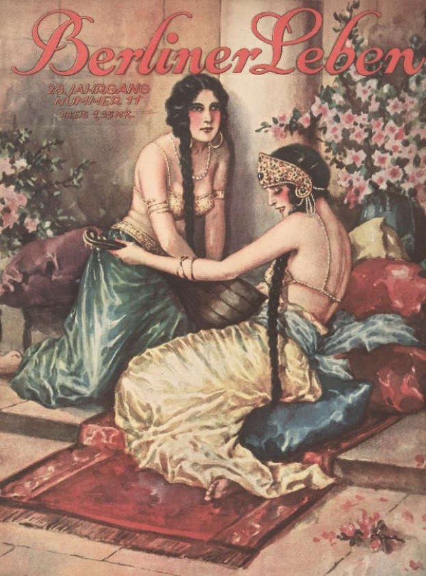 Plakat für das Berliner Leben Magazin (Oktober 1931) mit zwei Frauen auf einem Bett umgeben von Kissen und Topfpflanzen.