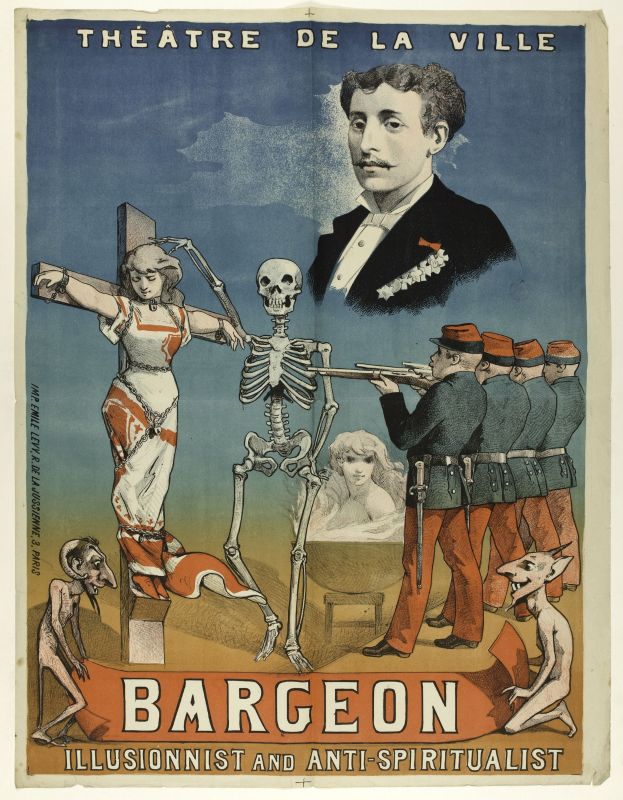 Plakat für das Théâtre de la Ville in Paris mit einer Gruppe verzweifelter Menschen, einem zentralen Skelett mit ausgebreiteten Armen und einer fett gedruckten Schrift, die "Bargeon Illusionist und Anti-Spiritualist" lautet.