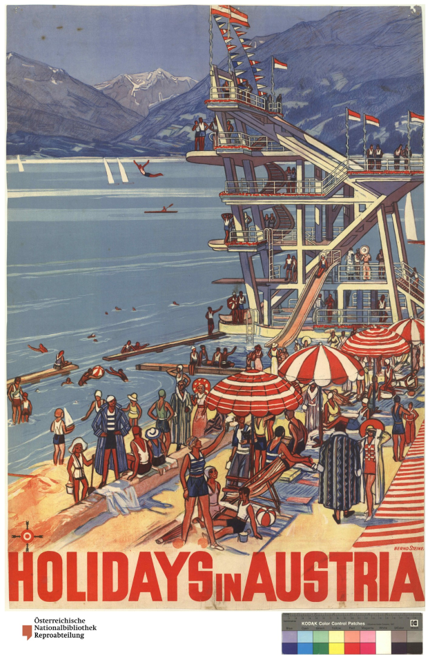 Plakat, das Urlaube in Österreich bewirbt, zeigt Menschen am Strand mit Schirmen, ein Schiff im Hintergrund, Flaggen und entfernte Berge.