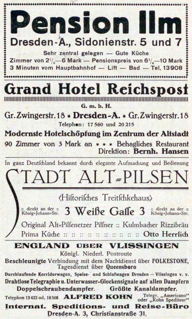 Schwarz-weiß-Anzeige für die Pension Inn in Dresden, Deutschland, auf altem Zeitungsstil-Papier gedruckt.