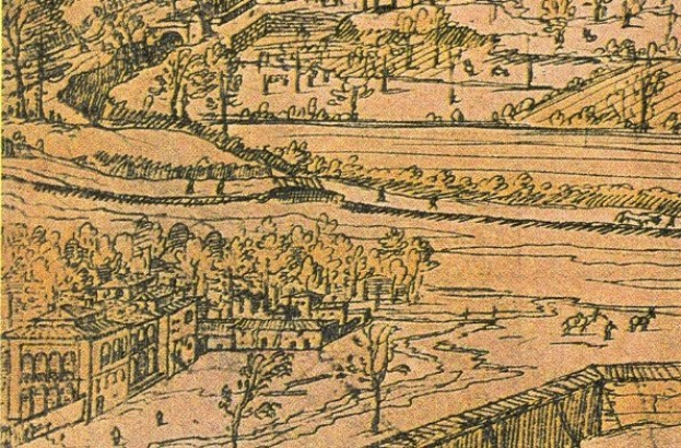 Ein detailliertes Linienbild einer Stadtlandschaft mit einer gewundenen Flusslandschaft, umgeben von grünen Bäumen und hohen Gebäuden, die eine friedliche Atmosphäre vermitteln.