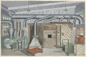 Eine detaillierte Strichzeichnung eines industriellen Fabrikinneren mit einer zentralen großen Maschine, umgeben von verschiedenen Geräten, Möbeln und strukturellen Elementen, mit einem sichtbaren Schild, auf dem "American Foundry Equipment Co, Indiana" steht.