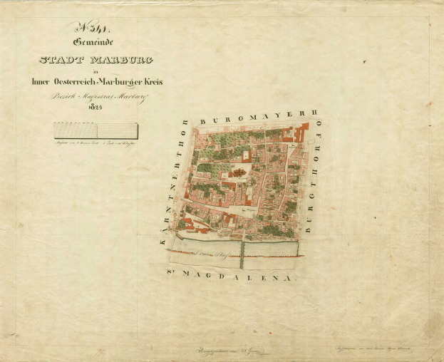 Detailreiches altes Stadtplan von Marburg mit Straßen, Gebäuden, Sehenswürdigkeiten und Text mit zusätzlicher Stadtinformation.