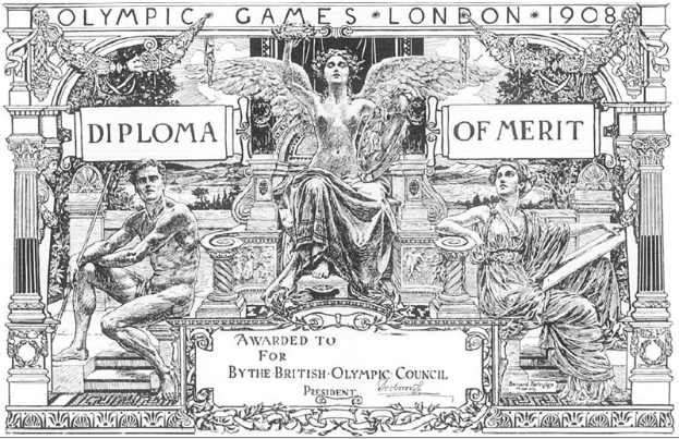 Eine Schwarz-Weiß-Zeichnung eines Mannes in Anzug und Krawatte und einer Frau in einem eleganten Kleid, die auf einer Bank sitzen, mit den Worten "Verdienstdiplom" darüber, beide mit entschlossener Miene.