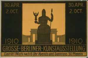 Ein Plakat mit einer Statue vor einem Gebäude, mit Text und Zahlen, wirbt für die Berliner-Kunstausstellung.