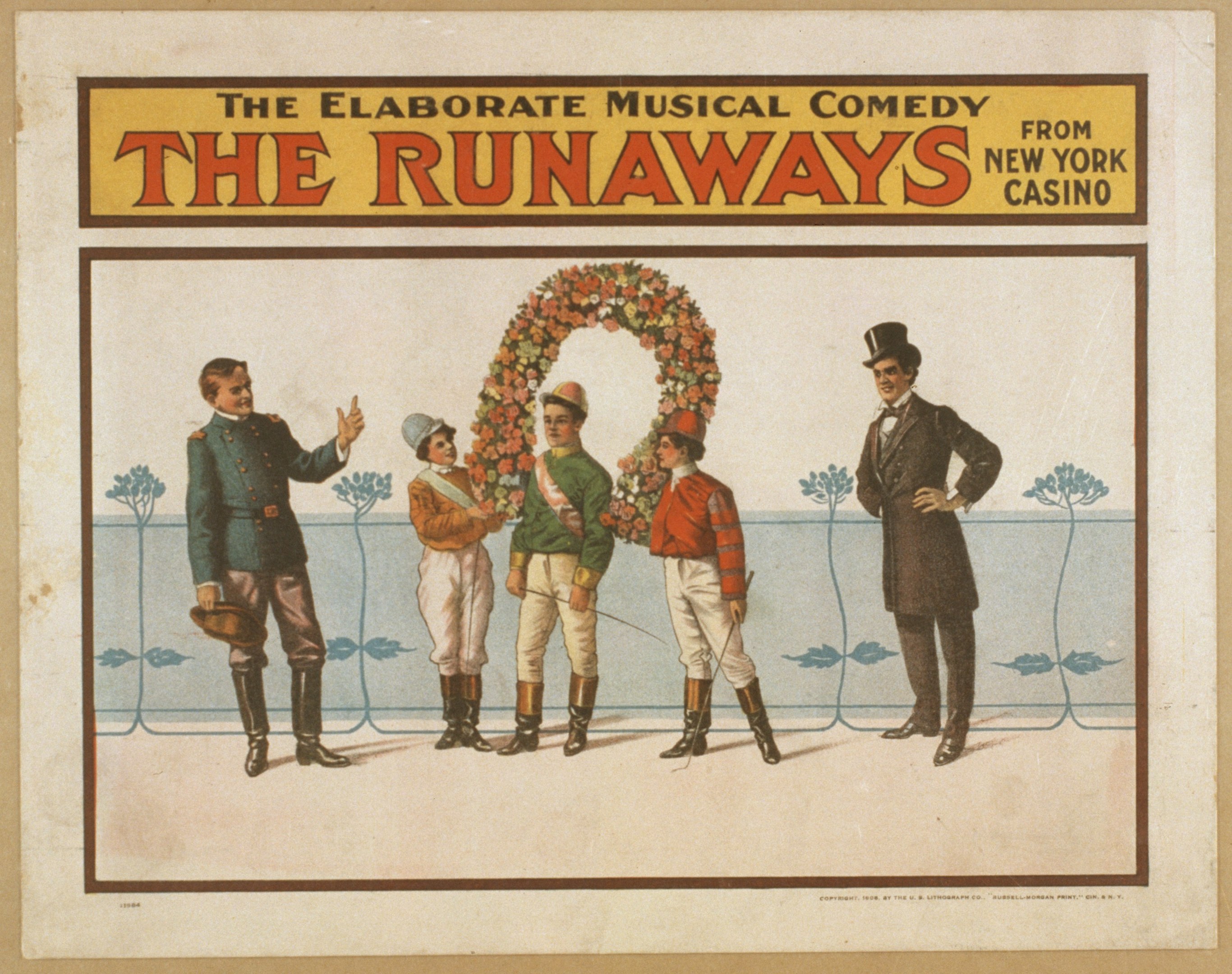 Plakat für "Elaborate Musical Comedy Runaways from New York Casino" mit einer Gruppe von Menschen in einer Reihe, einer Person mit einem Blumenstrauß und Textbeschreibung der Comedy.