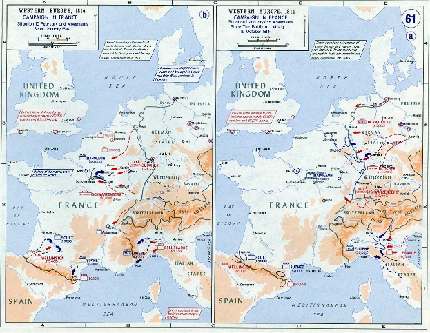 Eine historische Posterkarte von Europa während der Schlacht von Leipzig, unterteilt in Abschnitte für Europa und Frankreich, mit nummerierten Regionen und textuellen Beschriftungen von Städten, Dörfern und geografischen Merkmalen.