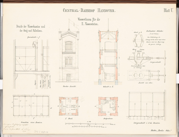 Ein Buchumschlag mit einem detaillierten Architekturzeichnen des Central Bahnhof Hannover-Gebäudes, mit sichtbaren Fenstern, Türen und Texten, die Informationen über seine Gestaltung liefern.