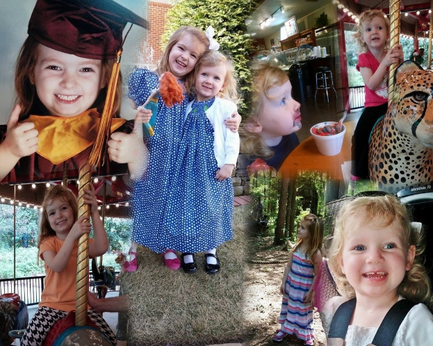 Ein Collage-Bild mit Vergnügungspark-Fahrgeschäften, einem Tisch mit Lebensmitteln, Besteck und verschiedenen Gegenständen vor einem Hintergrund aus Bäumen, Gras und Lichtern.