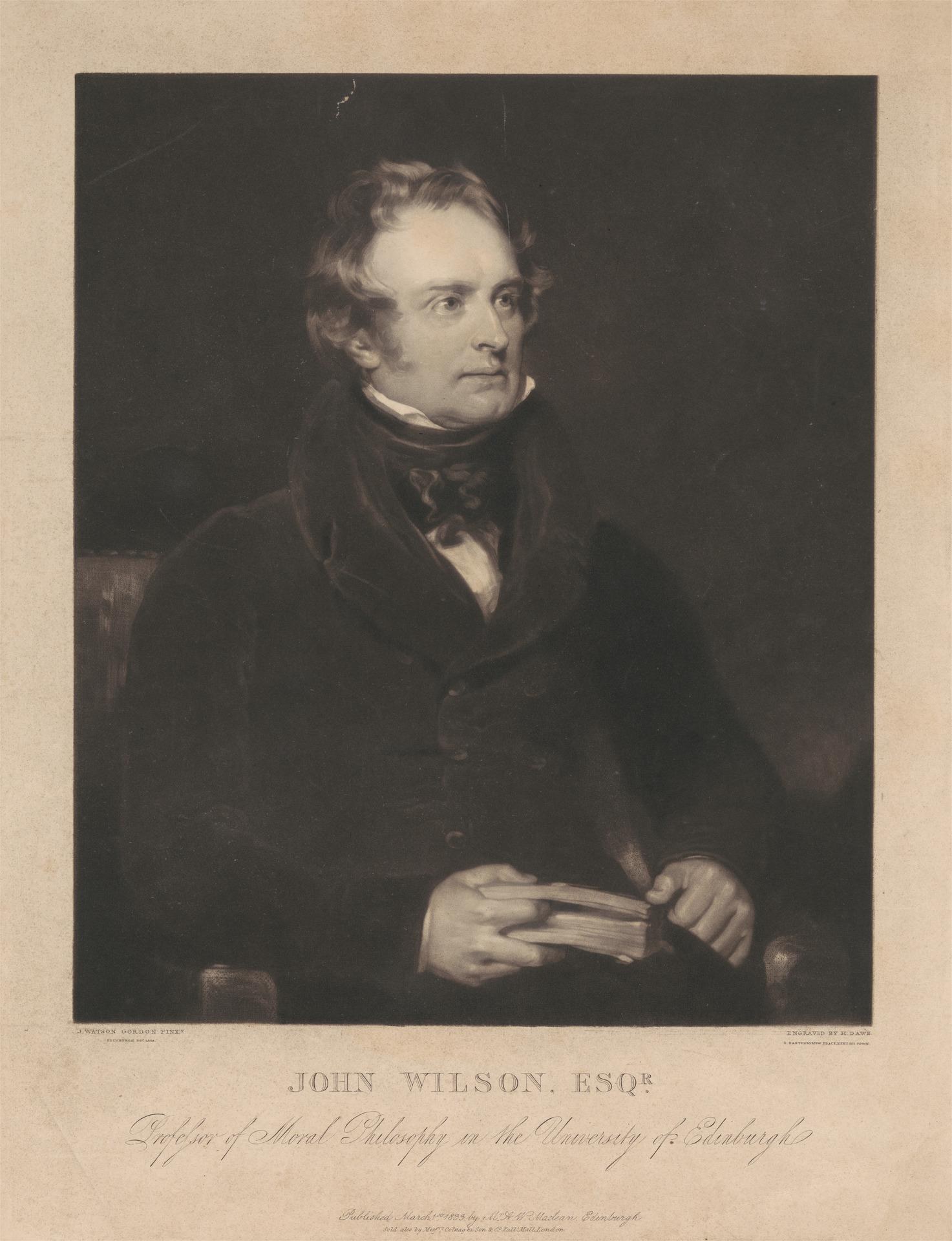 Porträt von John Wilson Esqr., dem Gründer der Moralphilosophie an der Universität Edinburgh, sitzend in einem Stuhl und ein Buch haltend, mit Text unten.