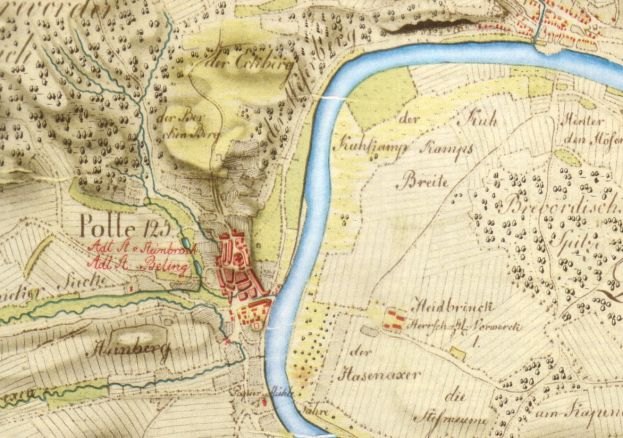 Ein altes Stadtplan von Polle, Deutschland, mit einem Fluss, Straßen, Gebäuden und anderen Gebietseinrichtungen.