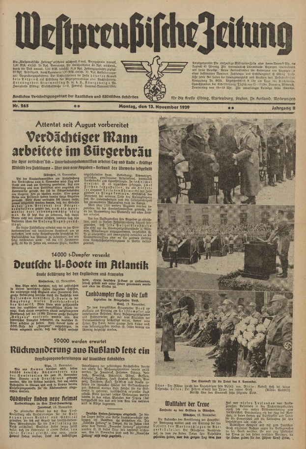 Schwarze-weisse Titelseite einer deutschen Zeitung vom 13. November 1939 mit der Uberschrift 'Weitpreubliche Zeitung' und einer Gruppe von Menschen in traditioneller deutscher Tracht, die feiern.