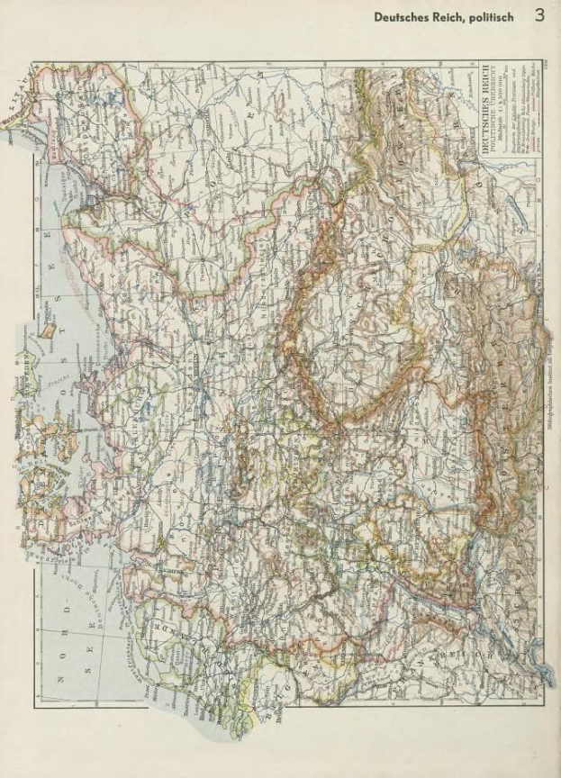 Alte Karte aus dem 19. Jahrhundert, die die politischen Grenzen Deutschlands zeigt, auf Papier gedruckt mit Text oben und unten.