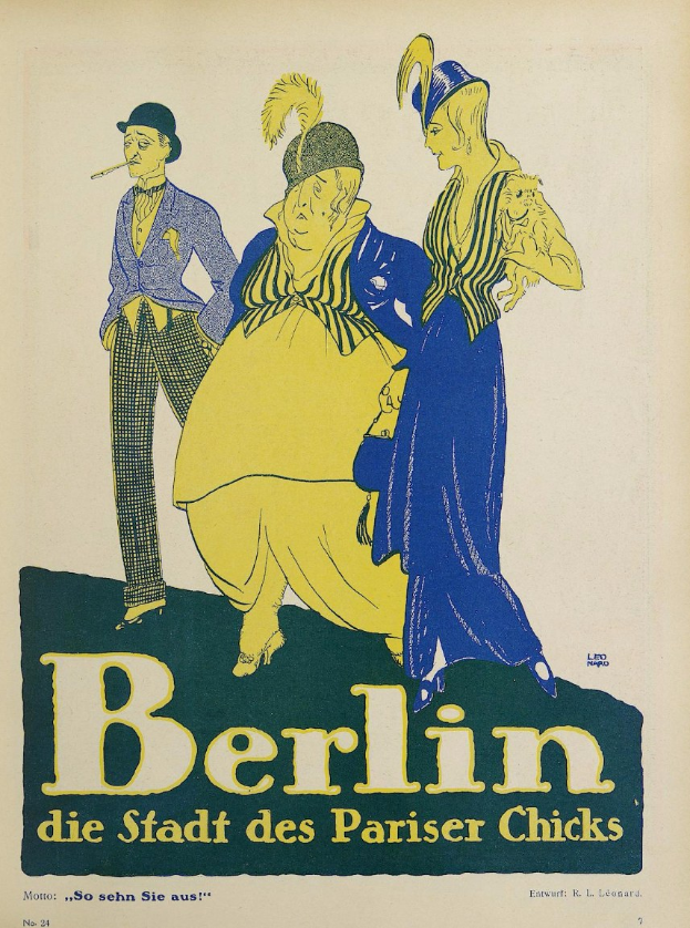 Plakat für ein Berliner Konzert mit dem Titel "Berlin - Die Stadt des Pariser Chicks", das eine Gruppe von Menschen in bunter Kleidung vor einem Gebäude zeigt, die lächeln und zu genießen scheinen.