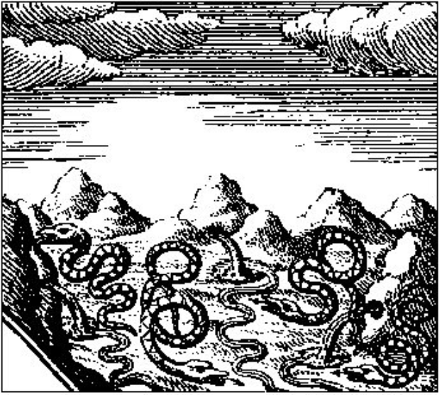 Schwarze und weiße Zeichnung einer Gebirgslandschaft mit einem gewundenen Fluss, Hügeln und Wolken, betitelt "Keltische Mythologie" unten.