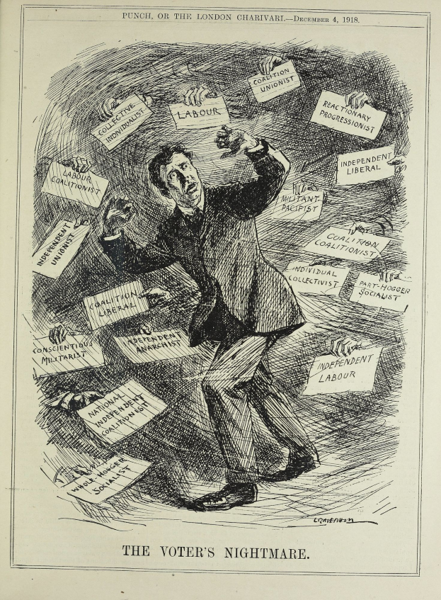 Ein Blatt Papier mit einer Zeichnung eines Mannes in Anzug und Krawatte, der ein Schild hält, auf dem "Der Albtraum des Wählers" steht, der Entschlossenheit und Selbstvertrauen ausstrahlt.