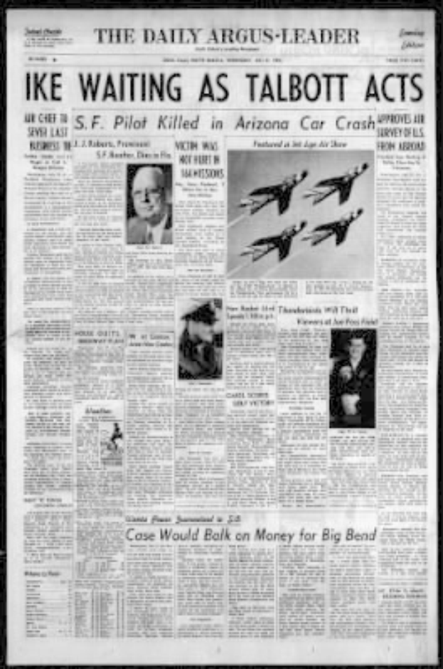 Die Titelseite der Daily Argus-Leader-Zeitung aus Arizona mit schwarzem Hintergrund, der Überschrift "Ike Waiting as Talbott Acts" und mehreren Fotos von Menschen und Flugzeugen.