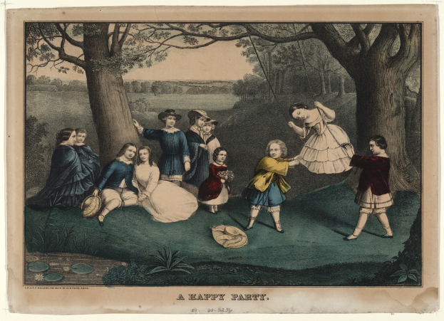 Gruppe von Kindern, die in einem Park mit Bäumen und Gras spielen, einige sitzen und andere stehen, mit "Ein fröhliches Fest" Text unten.