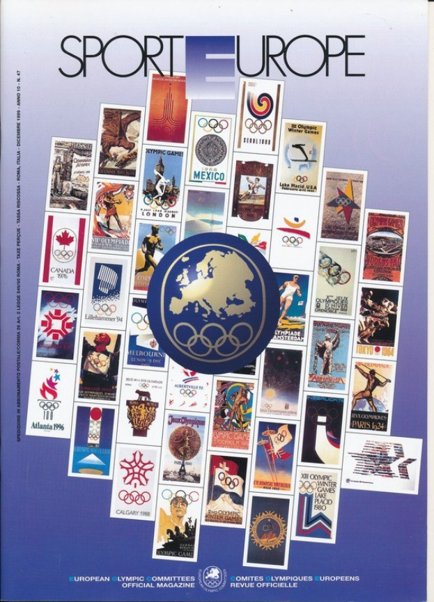 Ein Buchumschlag mit dem Titel "Sport in Europa" mit lebendigen Olympischen Spielen-Bildern und Text in Europa.