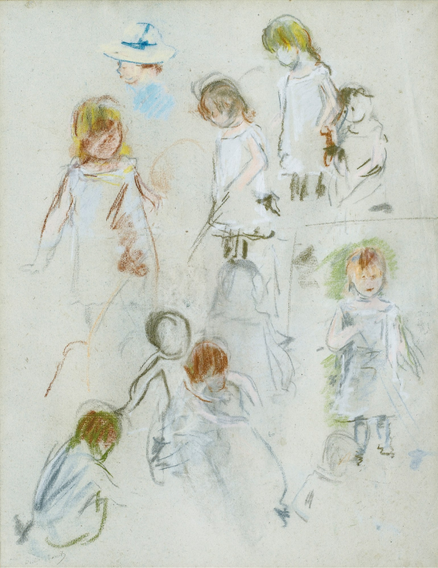 Ein buntes Bild auf Papier zeigt fröhliche Kinder, die in einem Feld spielen, eines trägt eine Mütze, mit ausgestreckten Armen und hellen, fröhlichen Farben.