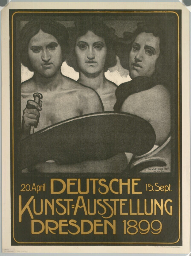 Plakat für eine deutsche Ausstellung in Dresden im Jahr 1899, das drei Personen zeigt, eine hält ein Objekt, mit Text.