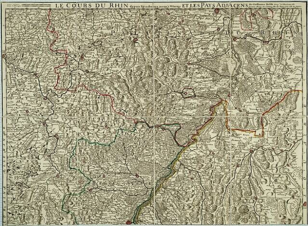 Alte gedruckte Karte des Rheinlands in Frankreich, mit dem Rheinfluss, mit Text oben und unten auf altem Papier.