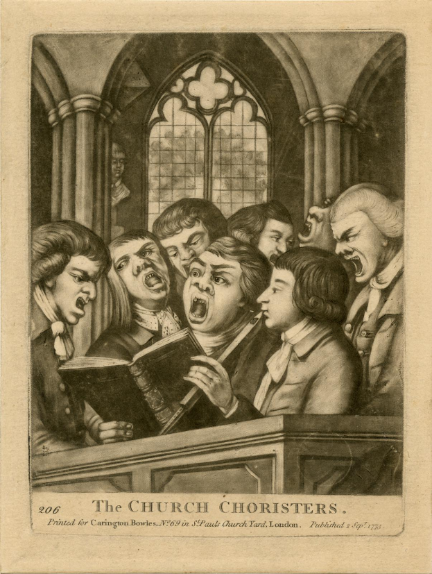 Eine Gruppe von Menschen, die in einer Kirche singen, mit einer Person, die ein Buch hält, Säulen und ein Fenster im Hintergrund und dem Text "Die Kirchenchoristen" unten.