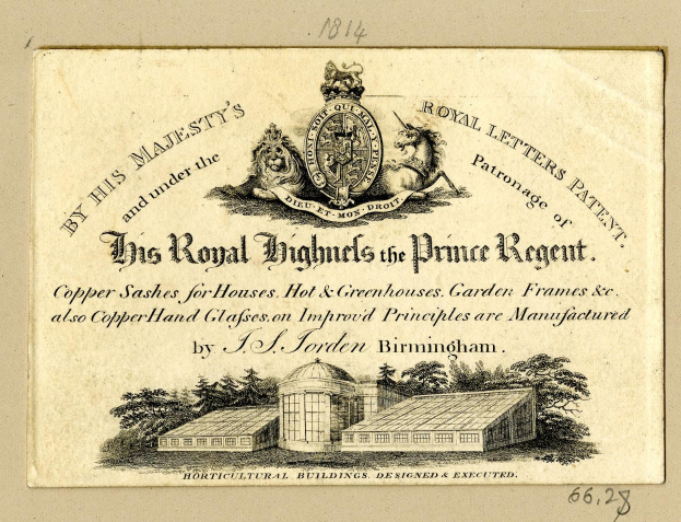 Alte Visitenkarte mit einer Illustration eines Gebäudes mit Bäumen, dem Text "Die Königlichen Hochhäuser des Prinzregenten" und einem Logo.