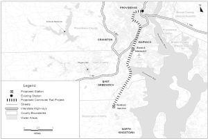 Schwarze und weiße Stadtkarte mit einem Fluss, beschriftet mit "Entwurfsstadtbahnprojekt" auf der linken Seite, die Straßen, Autobahnen und andere städtische Merkmale zeigt.