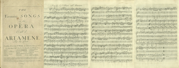 Offenes Buch mit dem Titel "Die Lieblingslieder in der Oper" mit Musiknoten und Text.