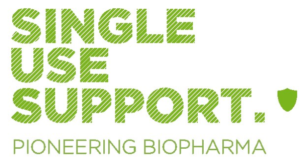 Weißer Hintergrund mit fettgrüner Schrift, die 'single use support pioneering biopharma.' lautet