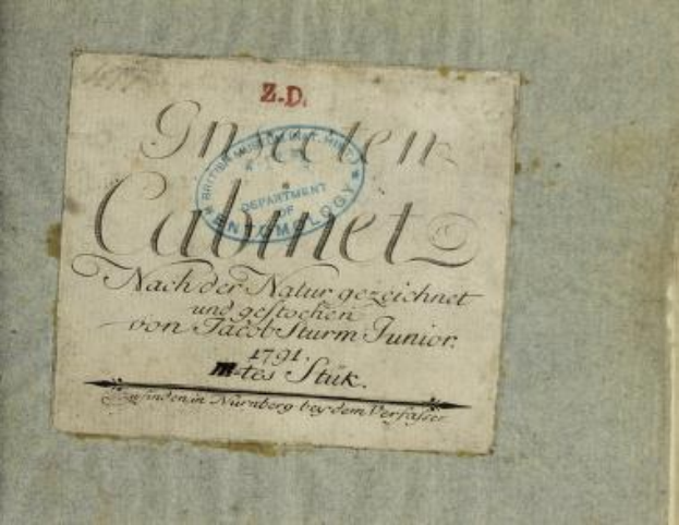 Altes Buch mit dem Titel "Z.D. Nürnberg, Deutschland, 1791" und einem Stempel, der auf die Erstausgabe hinweist, sowie handgeschriebener Text auf den Seiten.