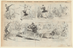 Schwarze und weiße Illustration von Menschen, die in einer synchronisierten, energetischen Pose tanzen, mit begleitendem Text, der das Datum, die Uhrzeit und den Ort des Ereignisses beschreibt.