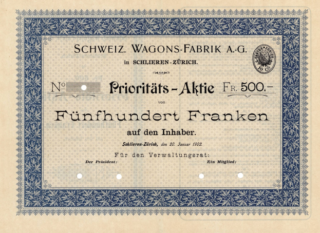 Altes deutsches Aktienzertifikat mit einem blauen Rand und der Inschrift "Schweiz Wagons-Fabrik A.G."