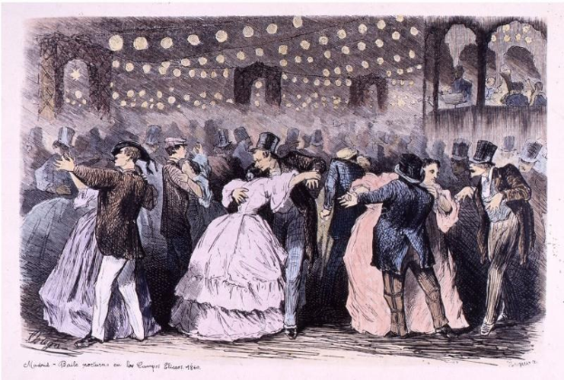 Eine Gruppe von Menschen, die in einem Ballsaal tanzen, mit beleuchteten Wänden und dem Text 'Madame Baille Nacional en la Campagne Bleuet, 1860' am unteren Rand.