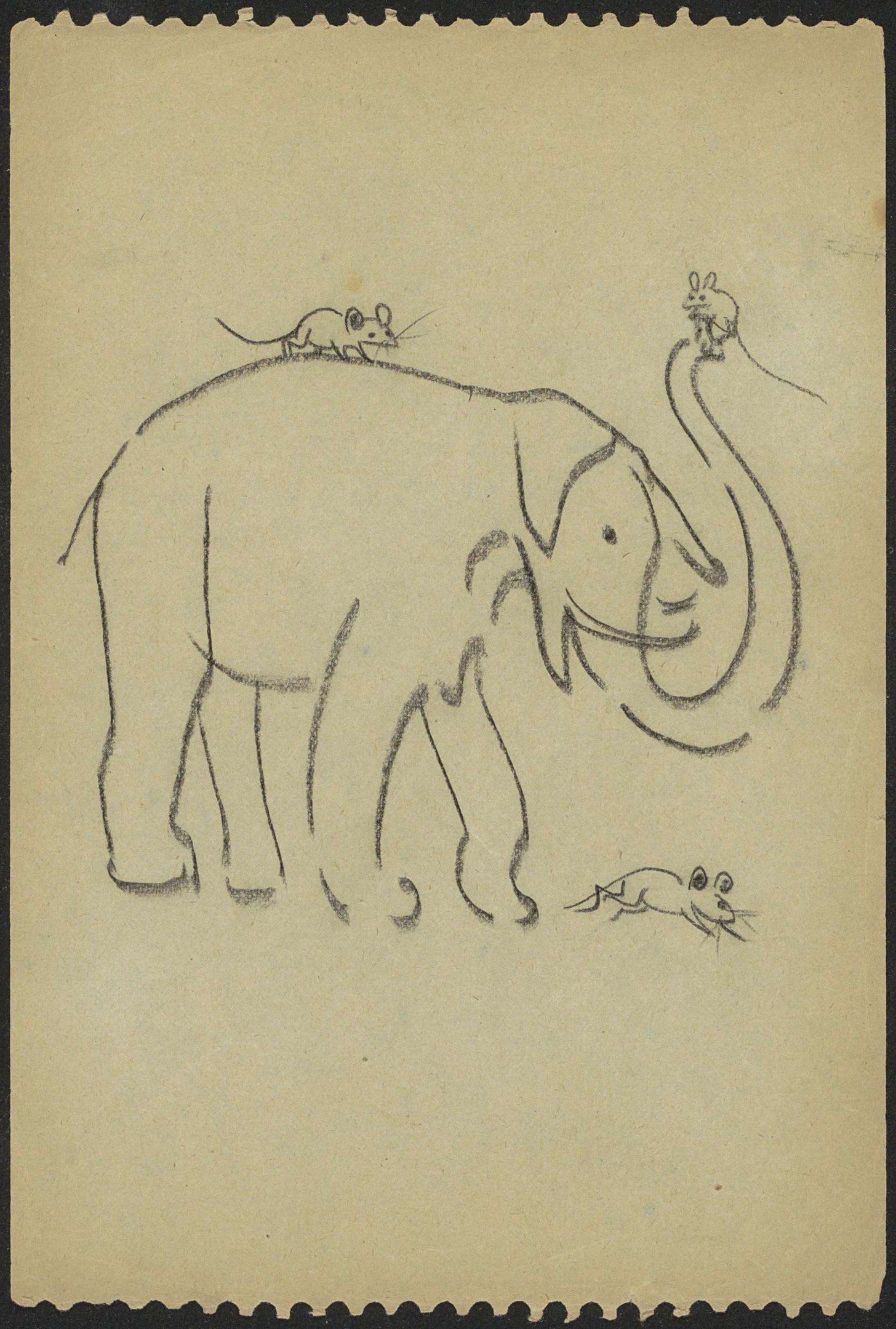 Eine Zeichnung eines aufrecht stehenden Elefanten mit erhobenem Rüssel und einer Maus, die darauf sitzt, beide scheinen friedlich zu sein.