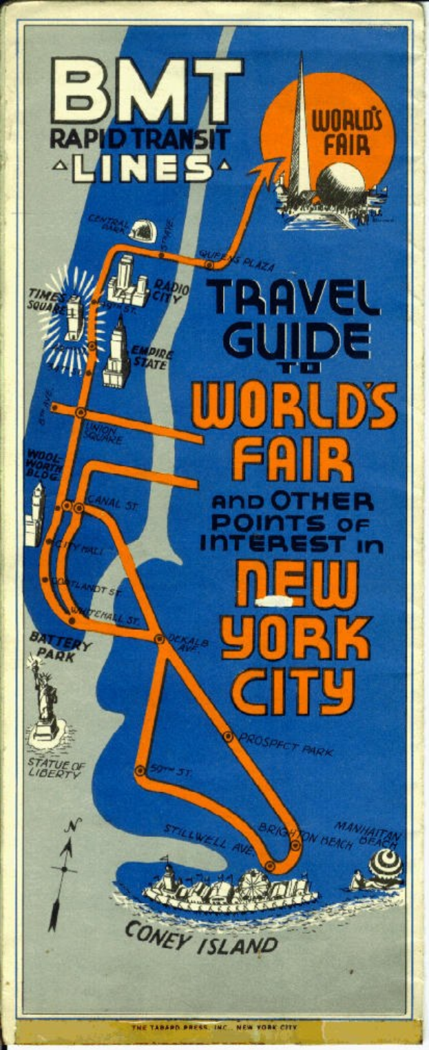 Ein Plakat mit einer Karte der New Yorker Weltausstellung 1964/65 und Textinformationen über das Ereignis und seine Attraktionen.