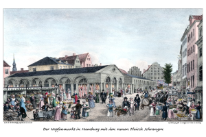 Ein Bild einer belebten Stadtstraße mit Fußgängern, einige mit Karren, Gebäuden mit Fenstern, Bäumen und einem bewölkten Himmel, mit Text unten.