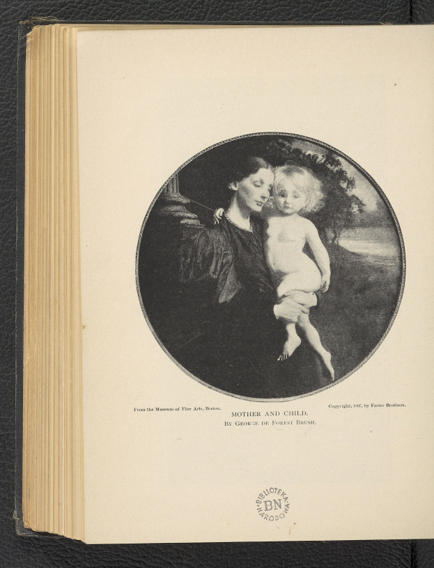 Ein aufgeschlagenes Buch mit einem Bild einer Frau, die ein Baby hält, beide mit warmherzigen und liebevollen Gesichtern, und der Text "Mutter und Kind" auf der Seite.