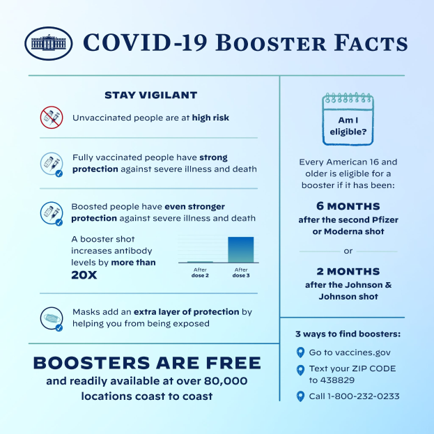 Plakat mit Text und Bildern, das Covid-19-Booster-Fakten detailliert, darunter Infektionsstatistiken, Virustyp, Risiken und eine Maskenperson-Grafik, die Sicherheitsmaßnahmen fördert.