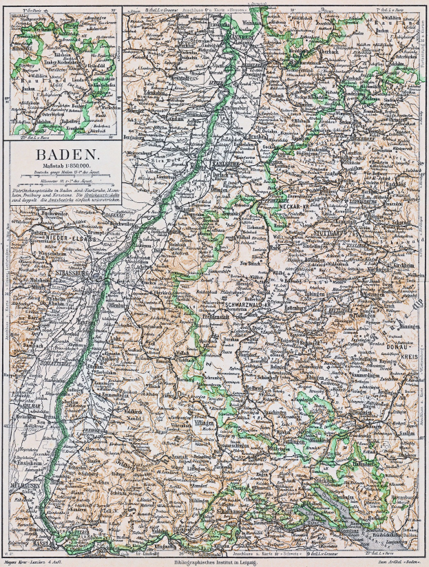 Alte Karte von Baden-Württemberg, Deutschland, mit Text oben und unten, die Straßen, Städte und geografische Merkmale zeigt.