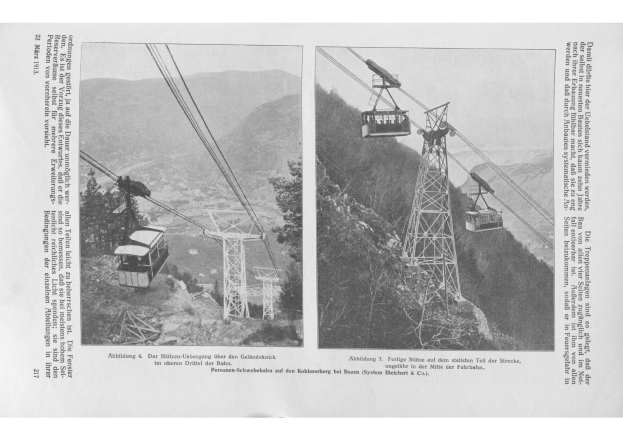 Schwarz-weiß-Foto einer Seilbahn, die einen bewaldeten Berghang hinauffährt, mit zusätzlichen Seilbahnbildern und Text.