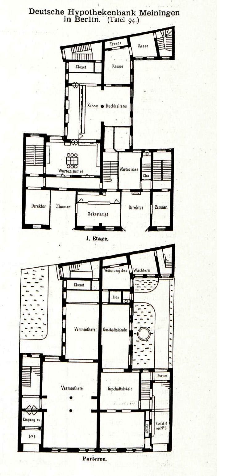 Schwarzes und weißes architektonisches Grundrissbild der Hypothenbank Meiningen in Berlin, das detaillierte Raumaufteilungen, Fenster, Türen und strukturelle Merkmale zeigt.