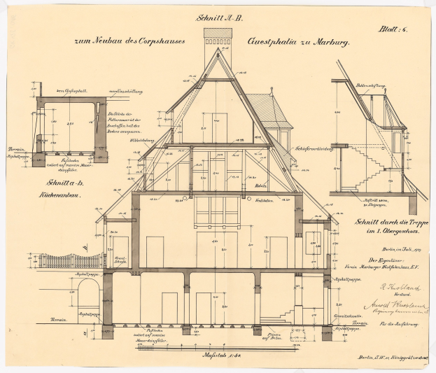 Ein detaillierter architektonischer Entwurf eines Hauses mit zahlreichen Fenstern und einem Dach, identifiziert als das erste Haus in Deutschland, begleitet von Strukturplänen und Text auf Papier.