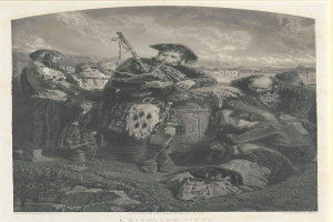 Schwarze und weiße Gravur eines Mannes, der eine Dudelsackpfeife vor einer Gruppe von Menschen unter einem bewölkten Himmel spielt, mit dem Text "Ein Highland-Pfeifer" unten.