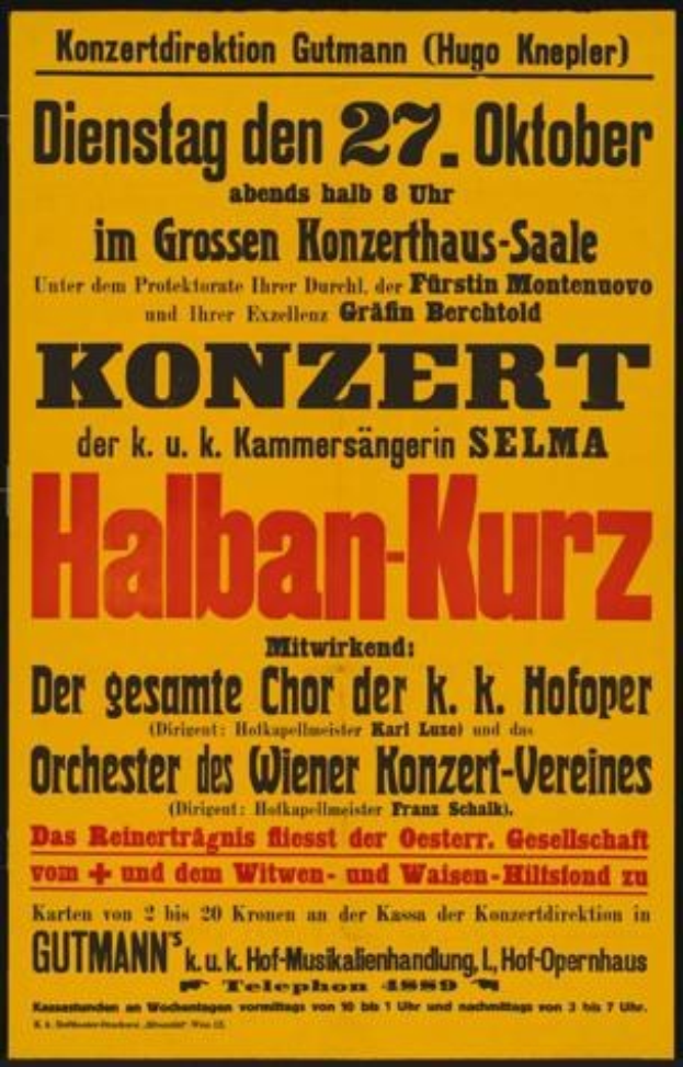 Gelbes Plakat in Berlin, Deutschland, das ein Konzert mit der Aufschrift "Konzert Halban-Kurz" ankündigt.