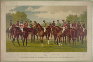 Eine Gruppe von Menschen auf Pferden auf einer grünen Wiese mit Bäumen und einem blauen Himmel, mit Text unten: "Feiernder Siegerpferde und Jockeys der American Turf."