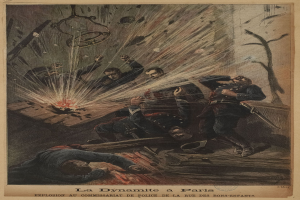 Eine chaotische Explosionsszene aus der Französischen Revolution auf einem Plakat dargestellt, mit Menschen auf dem Boden liegend und anderen um einen Tisch mit verstreuten Gegenständen herumstehend, und der Text "La Dynamite à Paris" unten.